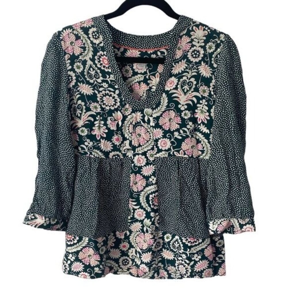 Boden Blouse Womens 4 Green Floral Polka Dot Mixed Print V-Neck Boho W0010